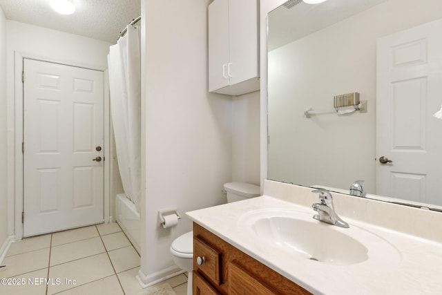 full bathroom with tile patterned floors, toilet, a textured ceiling, vanity, and shower / bath combination with curtain