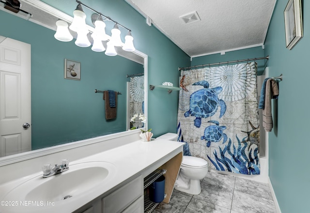 full bathroom with vanity, toilet, a textured ceiling, and shower / bath combo