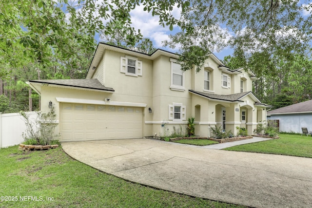 view of front facade with a garage and a front lawn