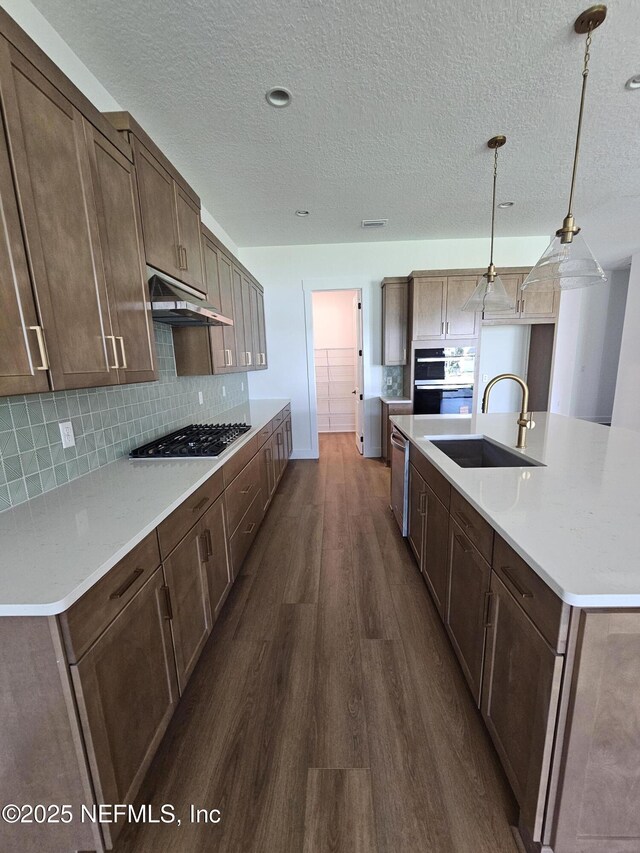 101 Erlking Ct, Saint Johns, FL 32259 - kitchen with appliances with stainless steel finishes, under cabinet range hood, dark wood finished floors, a textured ceiling, and tasteful backsplash
