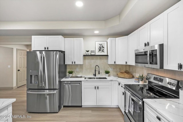 kitchen featuring white cabinetry, stainless steel appliances, sink, and light wood-type flooring