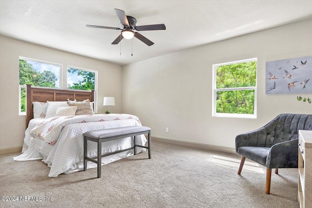 carpeted bedroom with ceiling fan and multiple windows