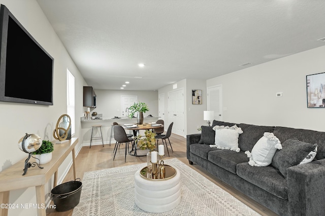 living room with light hardwood / wood-style floors and a textured ceiling