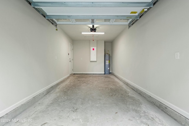 garage with a garage door opener, electric panel, and water heater