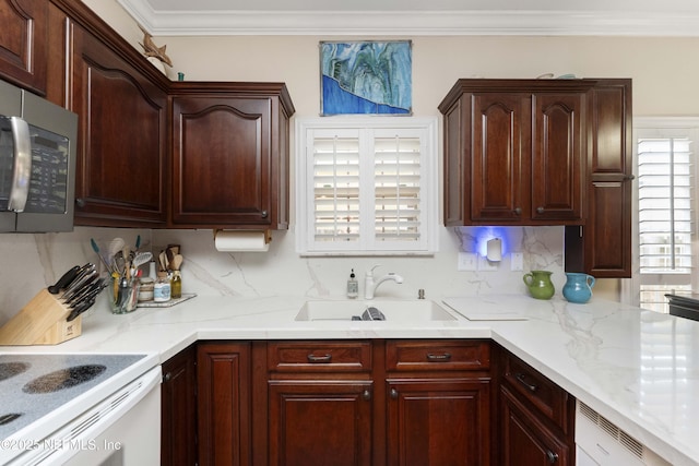 kitchen featuring white electric range, sink, ornamental molding, light stone countertops, and decorative backsplash