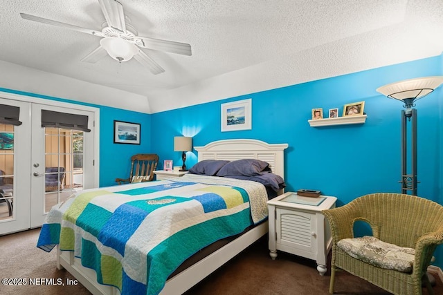 carpeted bedroom featuring french doors, ceiling fan, a textured ceiling, and access to outside