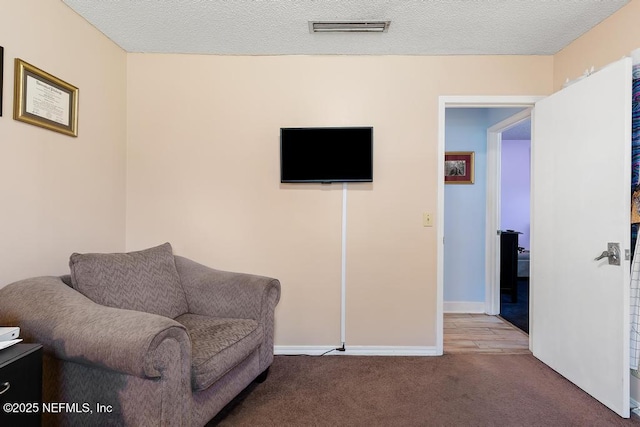 living area with carpet floors and a textured ceiling