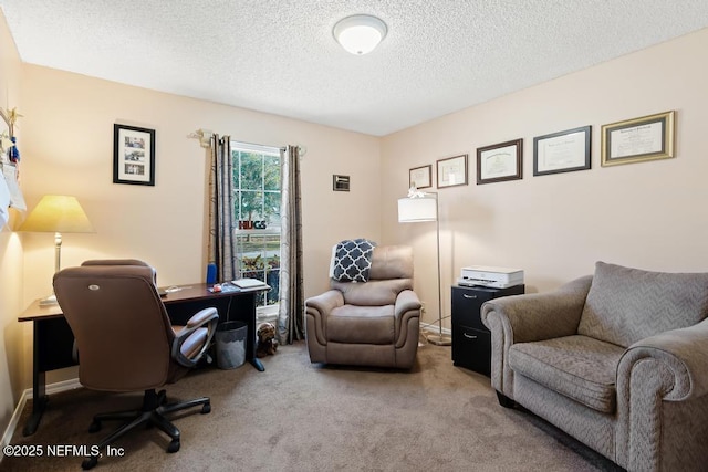 office area featuring light colored carpet and a textured ceiling