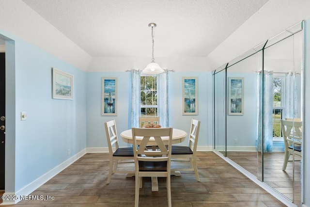 dining room with dark wood-type flooring and a textured ceiling