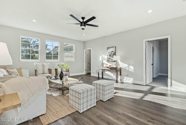 living room featuring ceiling fan and hardwood / wood-style floors