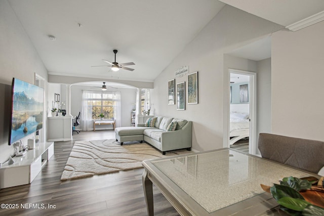 living room with dark hardwood / wood-style floors and vaulted ceiling