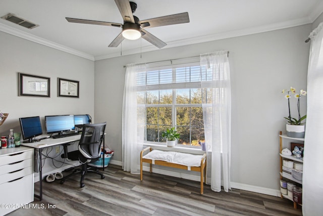 home office with crown molding, ceiling fan, and dark hardwood / wood-style floors