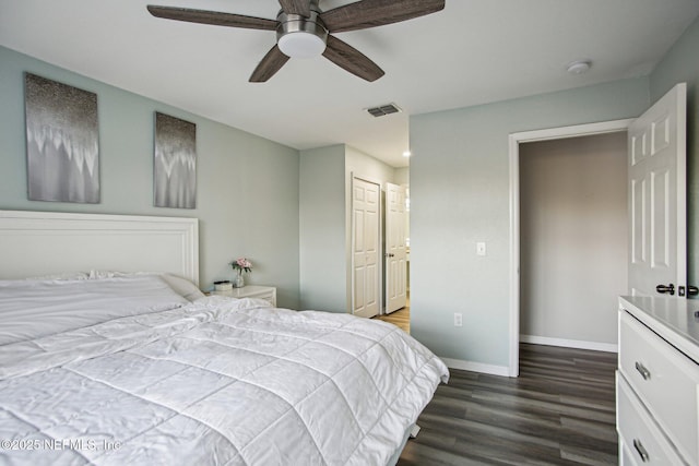 bedroom with dark wood-type flooring, ceiling fan, and a closet