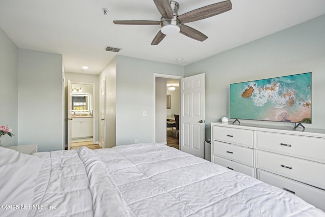 bedroom with ceiling fan and ensuite bath