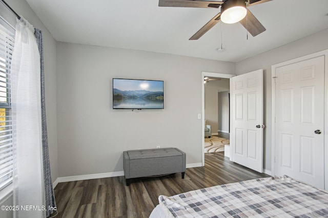 bedroom featuring ceiling fan and dark hardwood / wood-style flooring