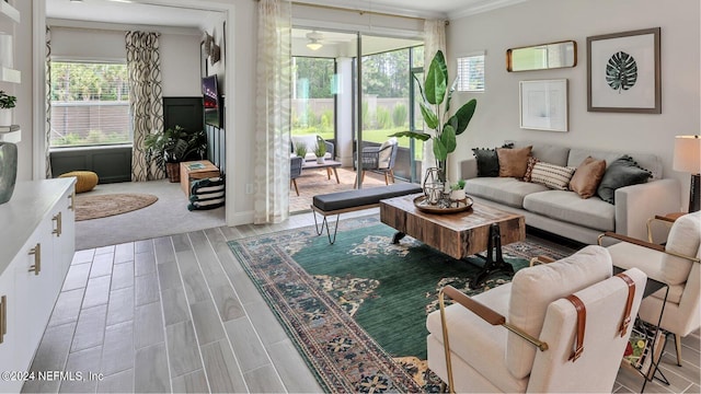 living room featuring crown molding