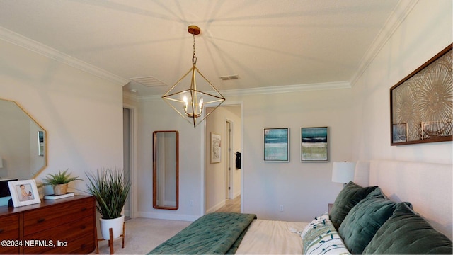 carpeted bedroom featuring ornamental molding and a notable chandelier