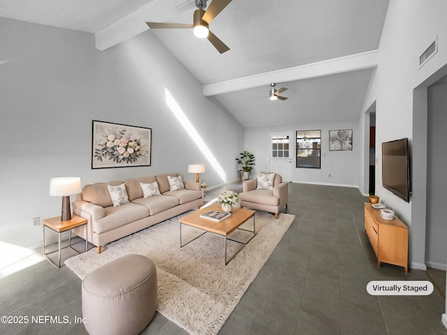 tiled living room featuring vaulted ceiling with beams and ceiling fan