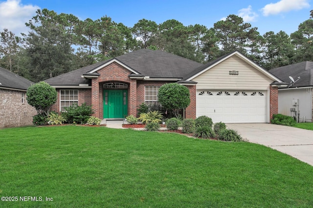 ranch-style home with a garage and a front lawn