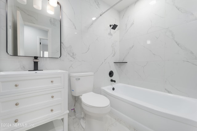 full bathroom featuring vanity, tiled shower / bath combo, tile walls, and toilet