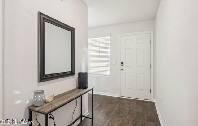 foyer entrance with baseboards and dark wood-type flooring