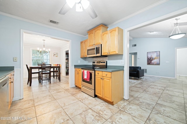 kitchen with stainless steel appliances, tasteful backsplash, visible vents, light brown cabinetry, and ornamental molding