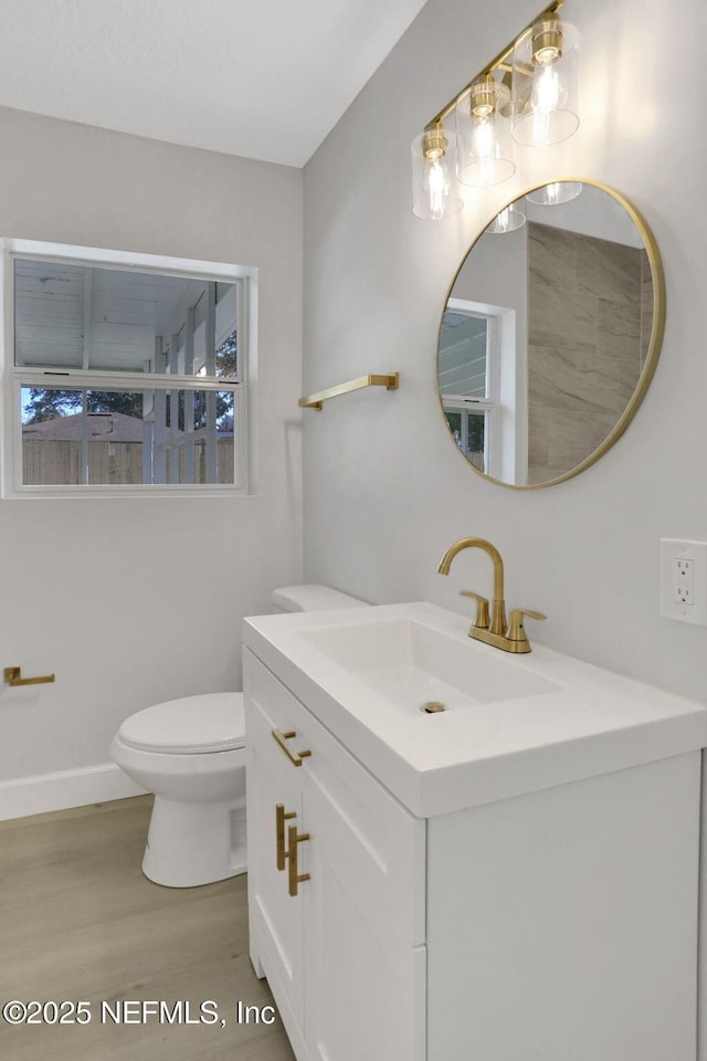 bathroom with vanity, hardwood / wood-style floors, and toilet