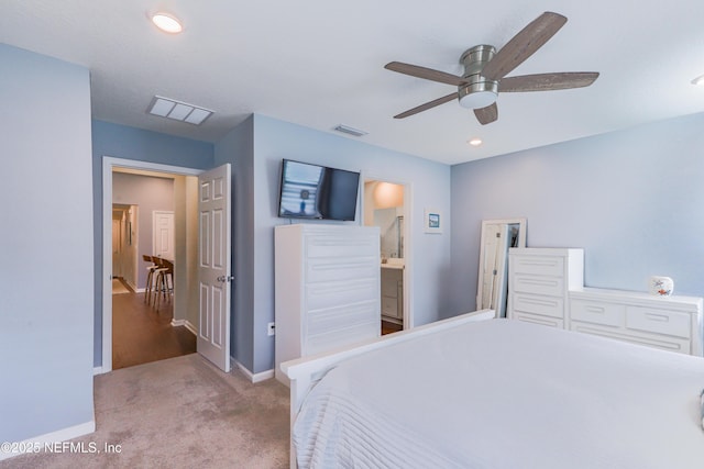 carpeted bedroom with ceiling fan