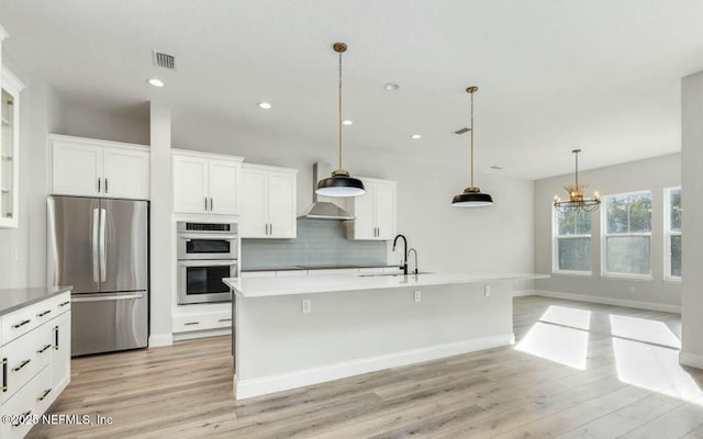 kitchen featuring sink, appliances with stainless steel finishes, hanging light fixtures, an island with sink, and wall chimney exhaust hood