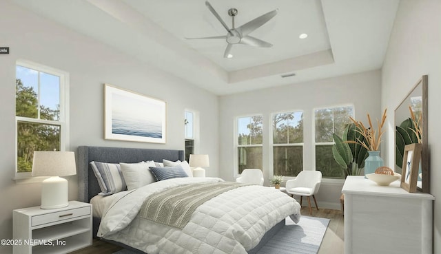 bedroom with wood-type flooring, ceiling fan, and a tray ceiling