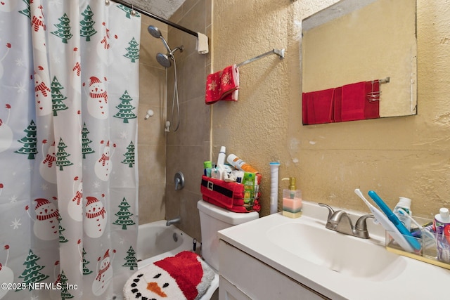 bathroom with shower / bath combination with curtain and vanity