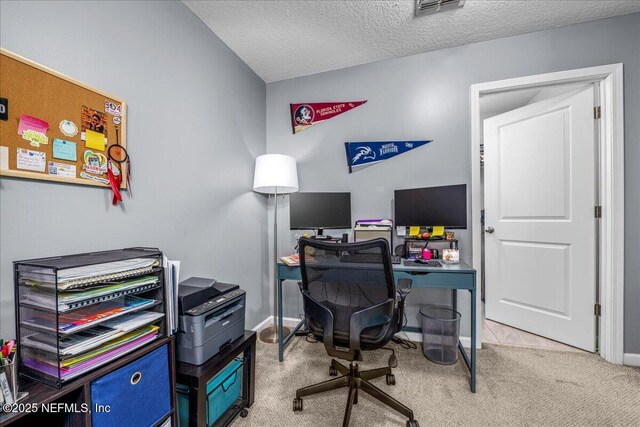 office with light colored carpet and a textured ceiling