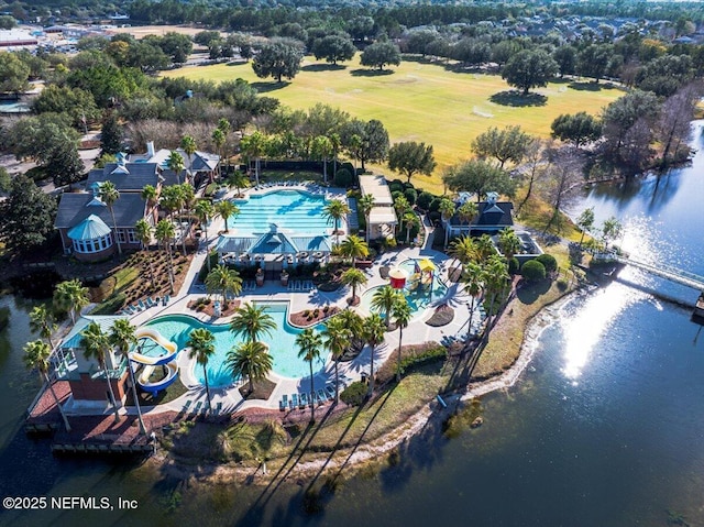 aerial view featuring a water view