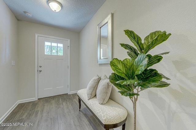 entryway with hardwood / wood-style floors and a textured ceiling