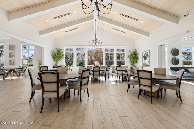 dining space featuring high vaulted ceiling, wooden ceiling, an inviting chandelier, and light hardwood / wood-style flooring