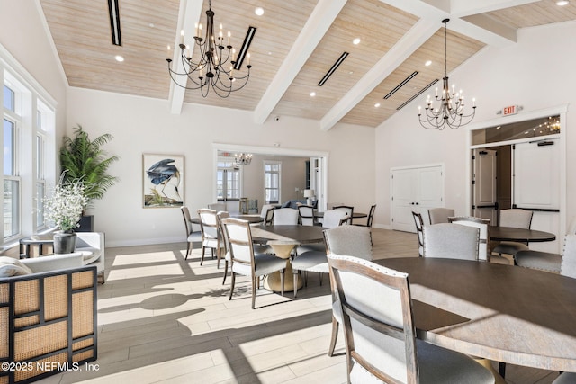 dining area featuring an inviting chandelier, wood ceiling, high vaulted ceiling, and beamed ceiling