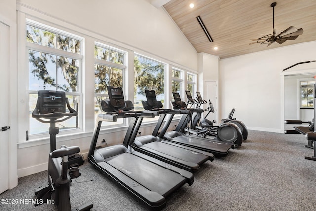 gym featuring high vaulted ceiling, carpet, and wood ceiling