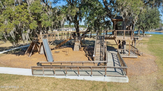 view of playground featuring a water view