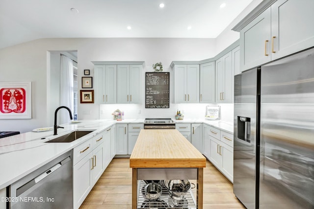 kitchen featuring appliances with stainless steel finishes, gray cabinets, light hardwood / wood-style floors, and sink