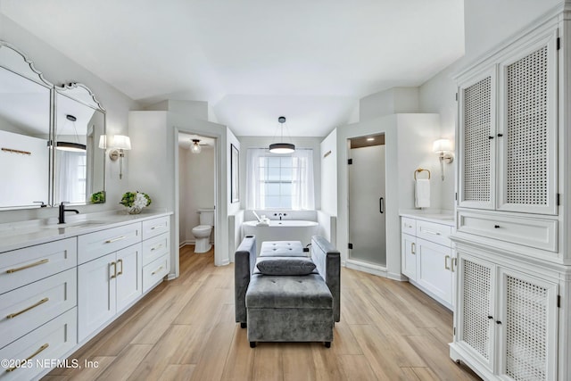 full bathroom featuring hardwood / wood-style flooring, vanity, toilet, and separate shower and tub