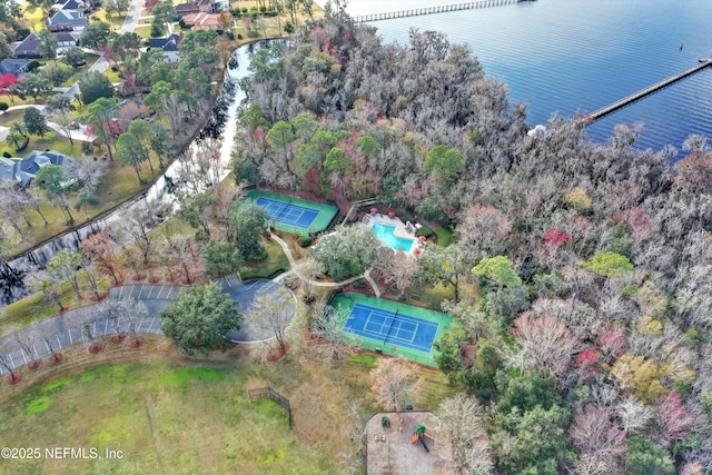 birds eye view of property featuring a water view