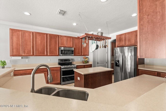 kitchen featuring sink, ornamental molding, stainless steel appliances, and a center island