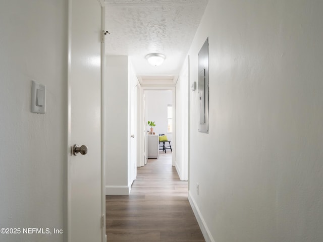 corridor with wood-type flooring and a textured ceiling