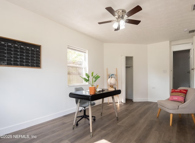 home office featuring dark wood-type flooring and ceiling fan