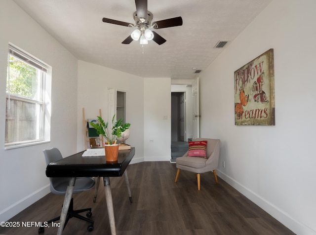 office featuring ceiling fan and dark hardwood / wood-style floors