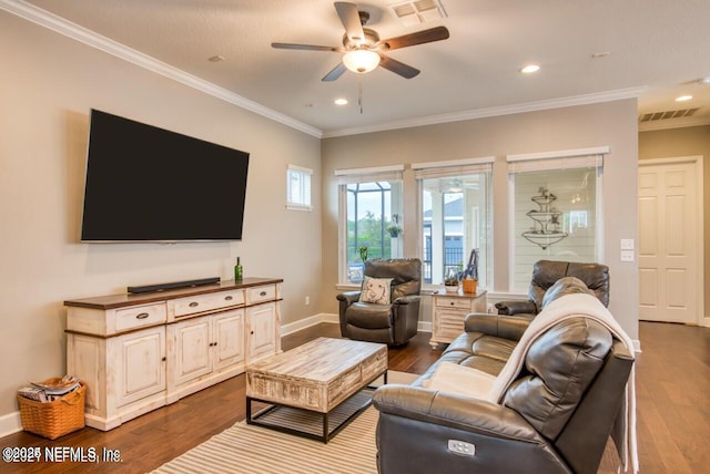 living room featuring ornamental molding, hardwood / wood-style floors, and ceiling fan