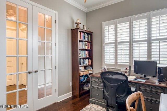 office space featuring crown molding, dark hardwood / wood-style floors, and french doors