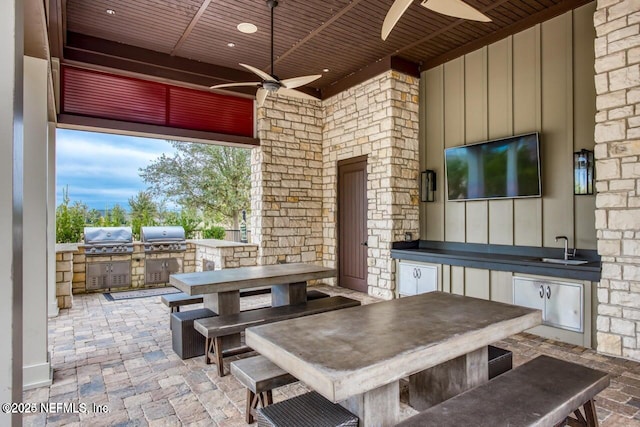 view of patio / terrace with a grill, area for grilling, sink, and ceiling fan