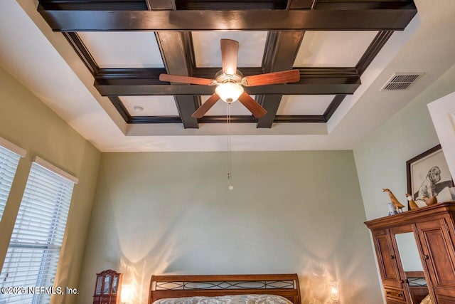 room details with coffered ceiling, ceiling fan, crown molding, and beamed ceiling