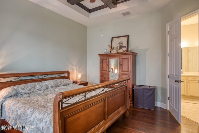 bedroom featuring dark wood-type flooring and ceiling fan